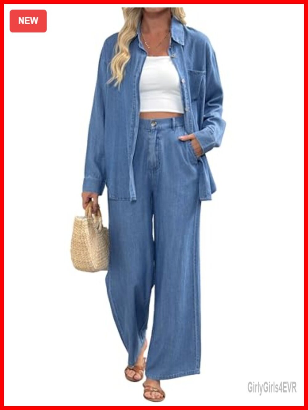 Women's Denim 2 Piece Matching Set Button Down Shirt Wide Leg Jeans Casual